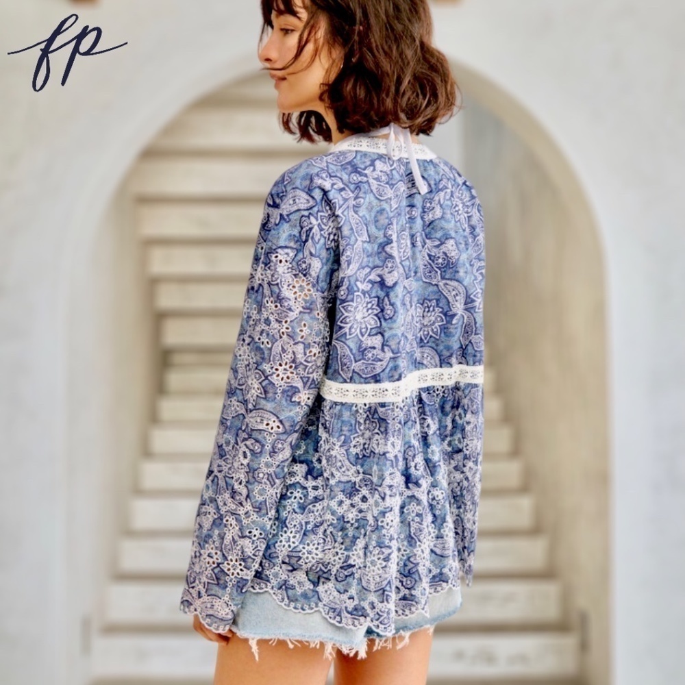 FREE PEOPLE NWT Anissa Floral-Print Eyelet/Embroidered Tie-Front Bed Jacket/Lg - Picture 8 of 14